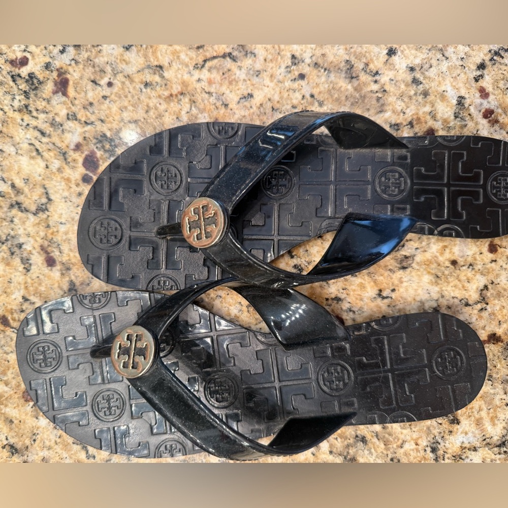 Tory Burch Black Sandals with Gold Logo